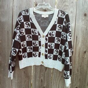 No Comment Yin Yang Cardigan Sweater Size L Cropped Black Button Stretch Granma